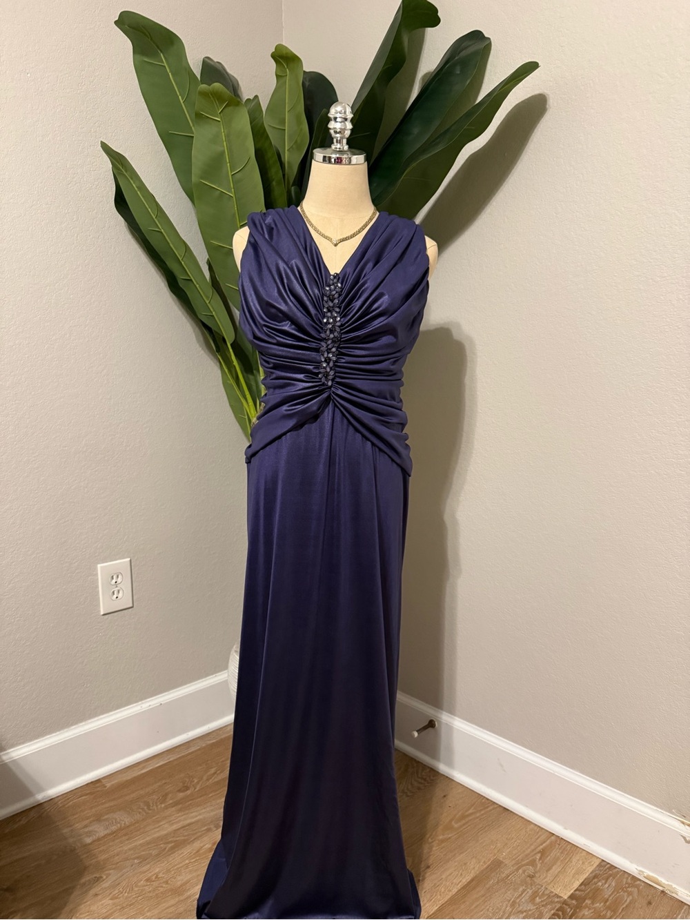 Tadashi Shoji Purple Ruched Crystal Embellished Maxi Gown L